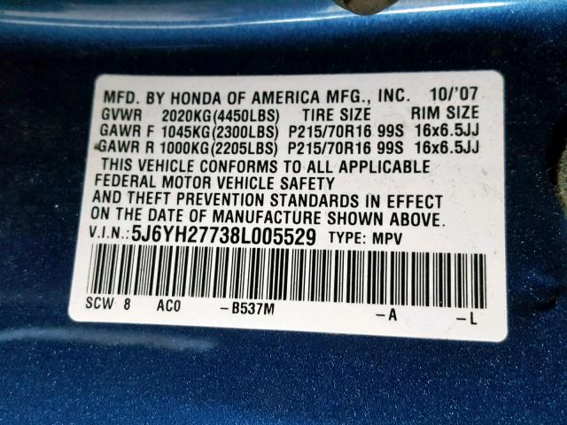 5J6YH27738L005529 - 2008 HONDA ELEMENT EX BLUE photo 10