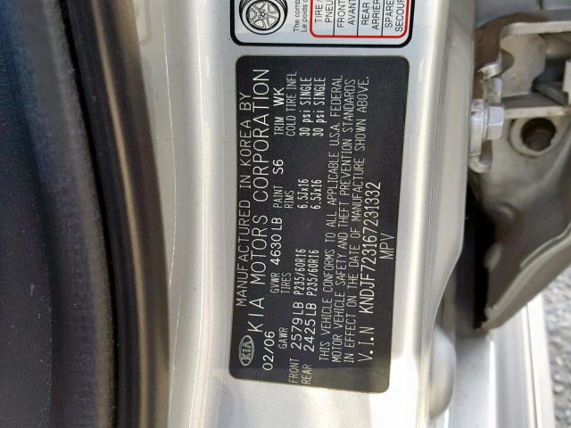 KNDJF723167231332 - 2006 KIA NEW SPORTA SILVER photo 10