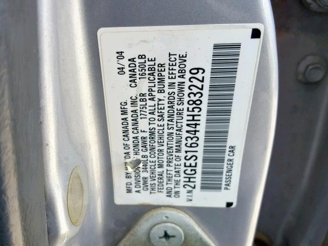 2HGES16344H583229 - 2004 HONDA CIVIC DX V SILVER photo 10