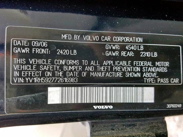 YV1RH592772616983 - 2007 VOLVO S60 2.5T BLUE photo 10