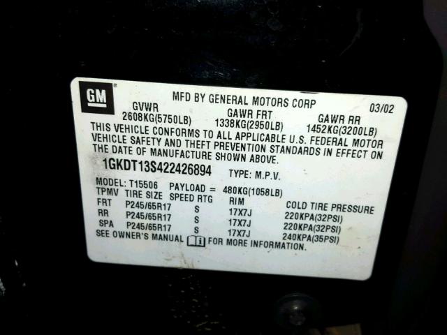 1GKDT13S422426894 - 2002 GMC ENVOY BLACK photo 10