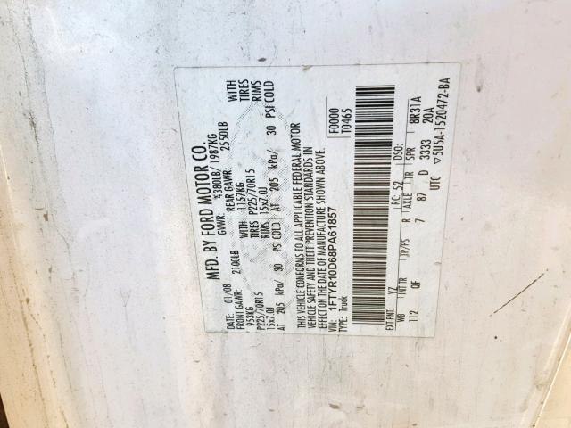 1FTYR10D68PA61857 - 2008 FORD RANGER WHITE photo 10