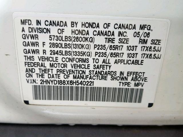 2HNYD188X6H540221 - 2006 ACURA MDX TOURIN WHITE photo 10