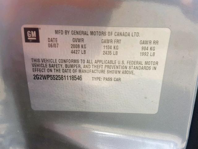 2G2WP552581118546 - 2008 PONTIAC GRAND PRIX 灰色 照片 10