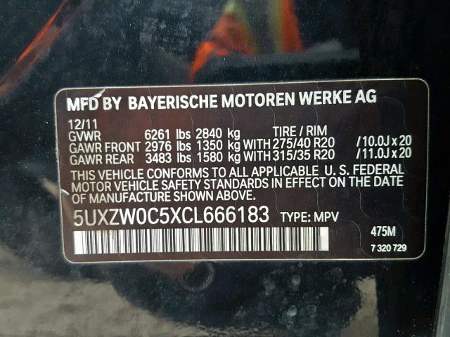 5UXZW0C5XCL666183 - 2012 BMW X5 XDRIVE3 BLACK photo 10
