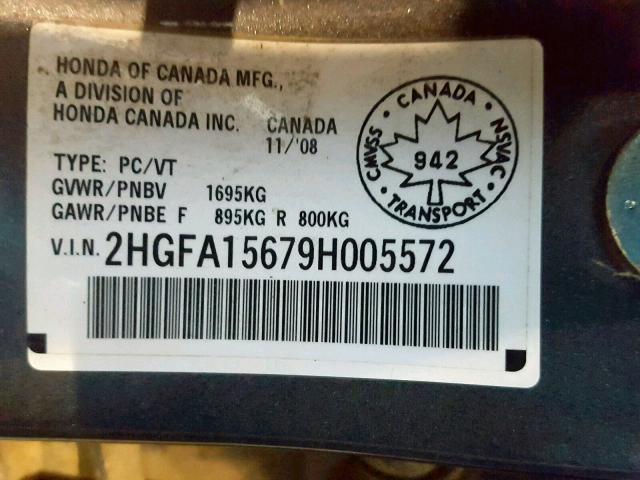 2HGFA15679H005572 - 2009 HONDA CIVIC LX-S ნაცრისფერი ფოტო 10