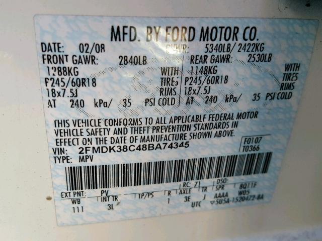 2FMDK38C48BA74345 - 2008 FORD EDGE SEL WHITE photo 10