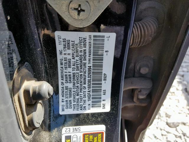 1HGFA16938L026994 - 2008 HONDA CIVIC EXL BLUE photo 10