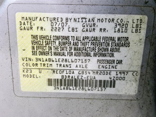 3N1AB61E28L607157 - 2008 NISSAN SENTRA 2.0 SILVER photo 10