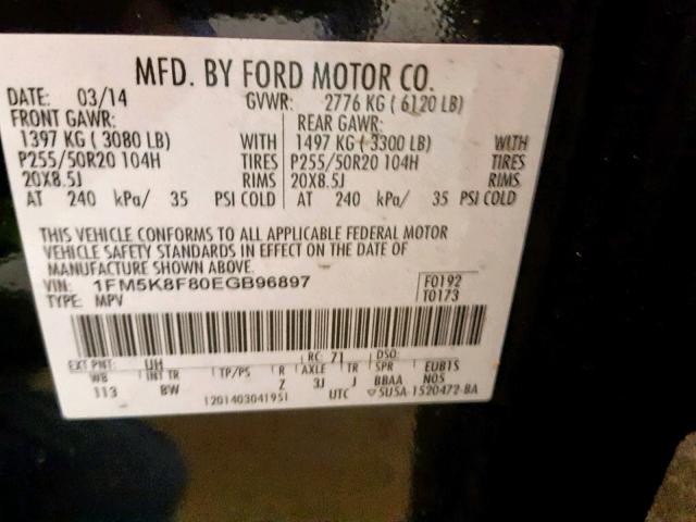 1FM5K8F80EGB96897 - 2014 FORD EXPLORER L BLACK photo 10