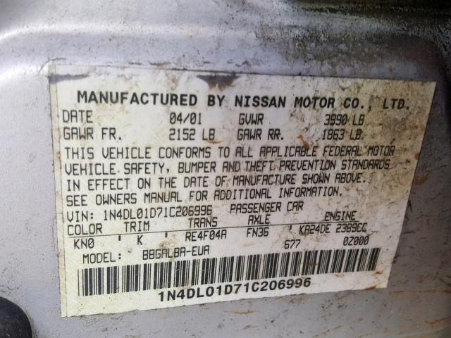 1N4DL01D71C206996 - 2001 NISSAN ALTIMA XE SILVER photo 10