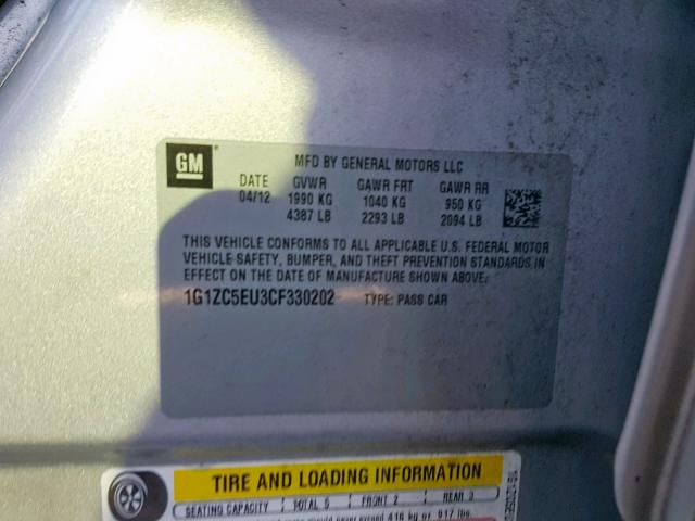 1G1ZC5EU3CF330202 - 2012 CHEVROLET MALIBU 1LT 银色 照片 10