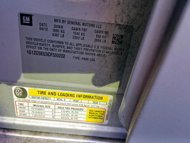 1G1ZC5EU3CF330202 - 2012 CHEVROLET MALIBU 1LT 银色 照片 9