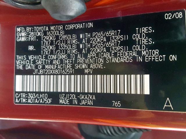 JTJBT20XX80162591 - 2008 LEXUS GX 470 RED photo 10