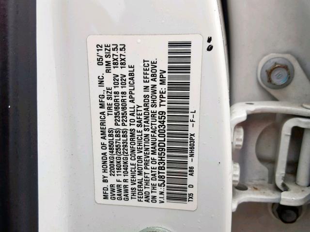 5J8TB3H59DL003459 - 2013 ACURA RDX TECHNO WHITE photo 10