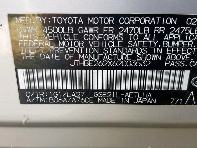 JTHBE262X62003532 - 2006 LEXUS IS 350 SILVER photo 10