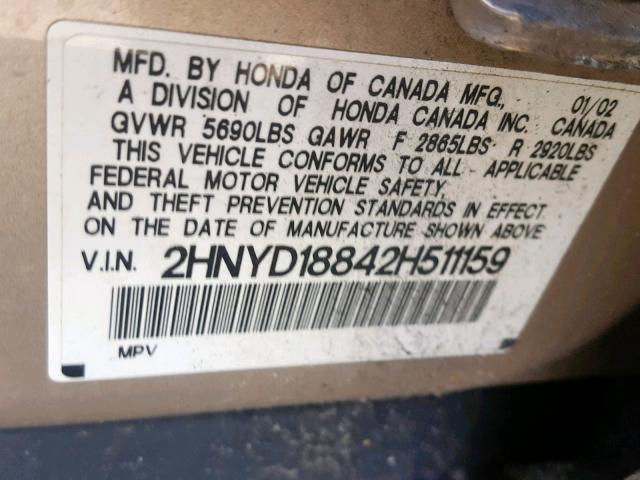 2HNYD18842H511159 - 2002 ACURA MDX TOURIN TAN photo 10