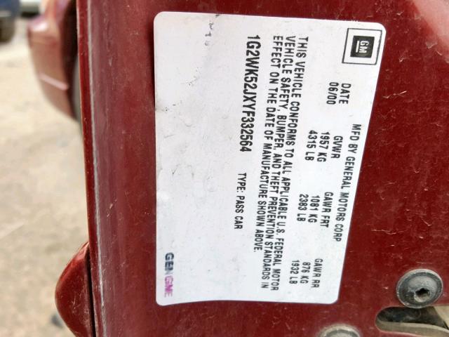 1G2WK52JXYF332564 - 2000 PONTIAC GRAND PRIX BURGUNDY photo 10