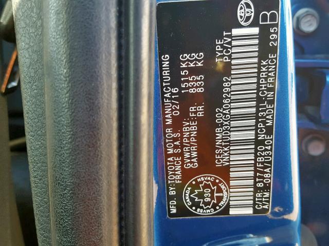 VNKKTUD3XGA062982 - 2016 TOYOTA YARIS L BLUE photo 10