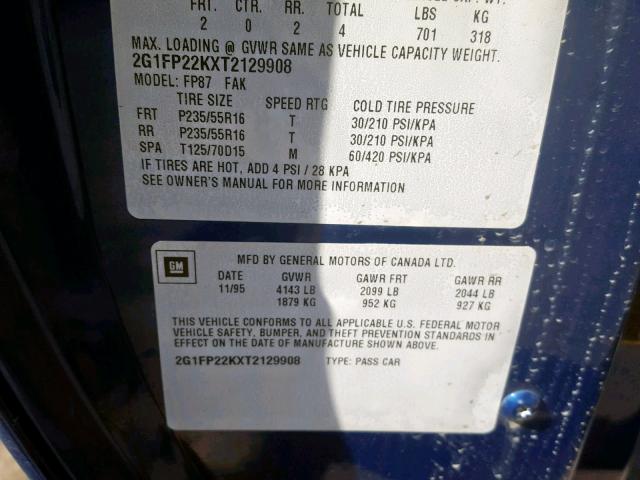 2G1FP22KXT2129908 - 1996 CHEVROLET CAMARO BAS 蓝色 照片 10