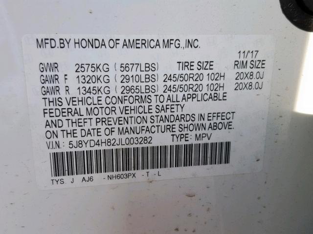 5J8YD4H82JL003282 - 2018 ACURA MDX ADVANC WHITE photo 10