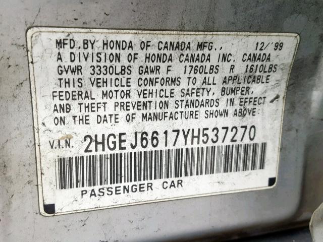 2HGEJ6617YH537270 - 2000 HONDA CIVIC BASE Gümüş foto 10