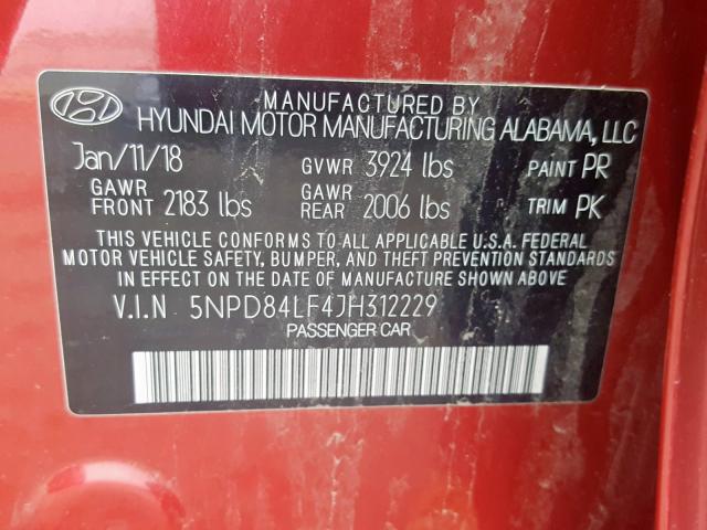 5NPD84LF4JH312229 - 2018 HYUNDAI ELANTRA SEL  photo 10