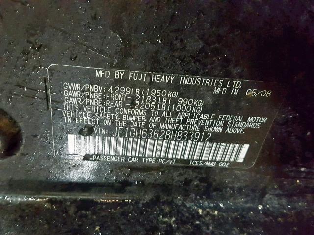 JF1GH63628H833912 - 2008 SUBARU IMPREZA OU BLACK photo 10