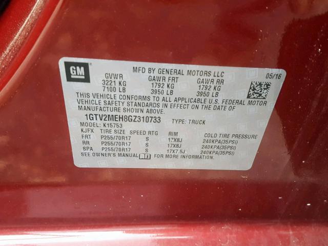 1GTV2MEH8GZ310733 - 2016 GMC SIERRA K15 RED photo 10