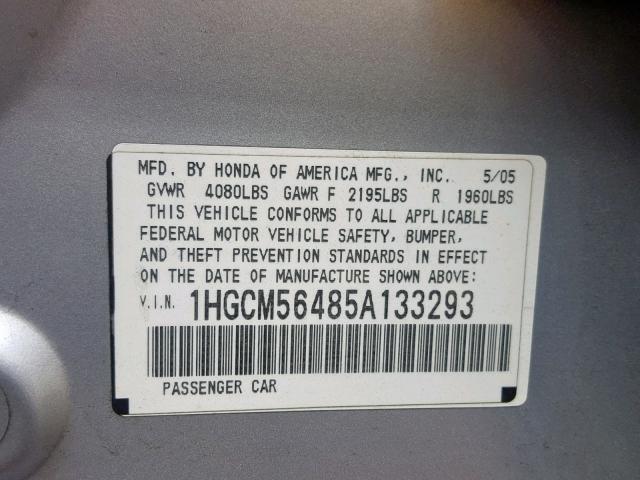 1HGCM56485A133293 - 2005 HONDA ACCORD LX SILVER photo 10