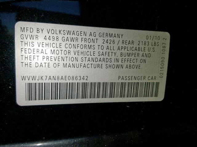 WVWJK7AN8AE086342 - 2010 VOLKSWAGEN PASSAT KOM BLACK photo 10