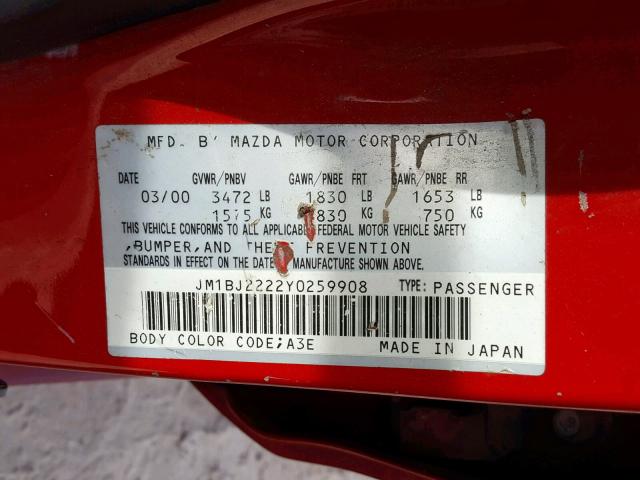 JM1BJ2222Y0259908 - 2000 MAZDA PROTEGE DX RED photo 10