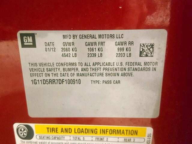 1G11D5RR7DF100910 - 2013 CHEVROLET MALIBU 1LT 红色 照片 10