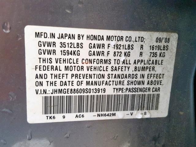 JHMGE88609S013919 - 2009 HONDA FIT SPORT GRAY photo 10