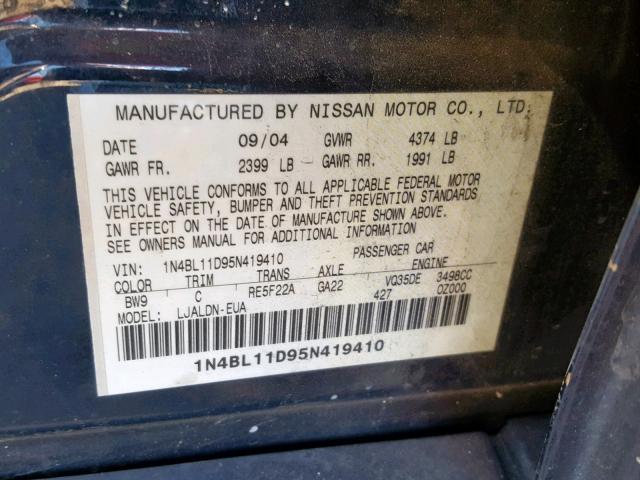 1N4BL11D95N419410 - 2005 NISSAN ALTIMA SE BLUE photo 10