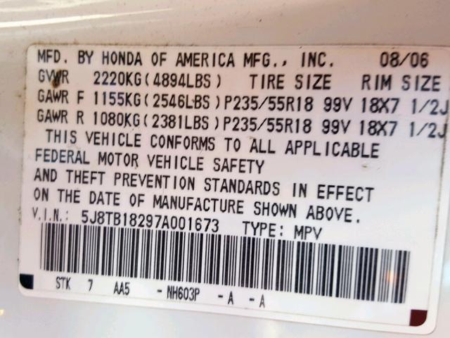 5J8TB18297A001673 - 2007 ACURA RDX WHITE photo 10