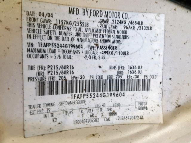 1FAFP55244G199604 - 2004 FORD TAURUS SES SILVER photo 10