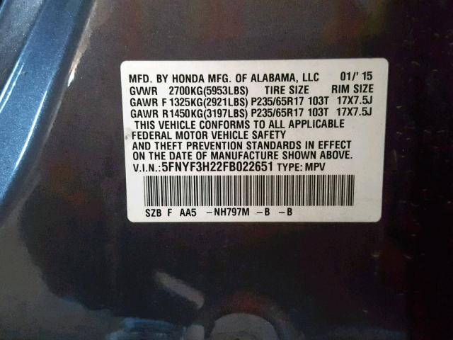 5FNYF3H22FB022651 - 2015 HONDA PILOT LX CHARCOAL photo 10