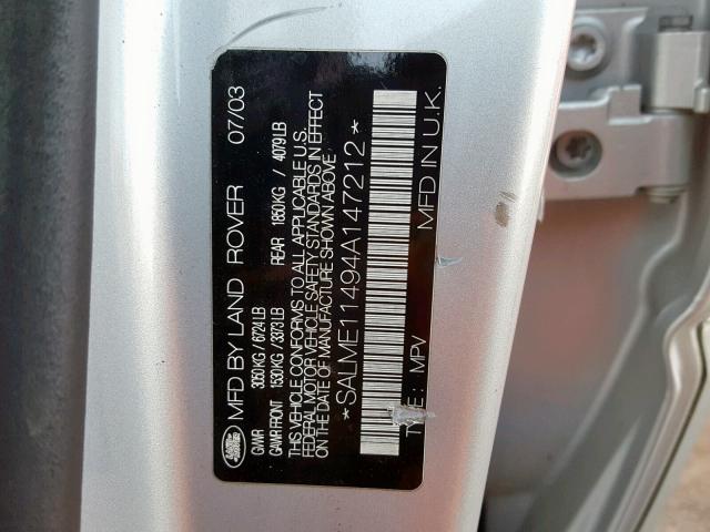 SALME11494A147212 - 2004 LAND ROVER RANGE ROVE SILVER photo 10