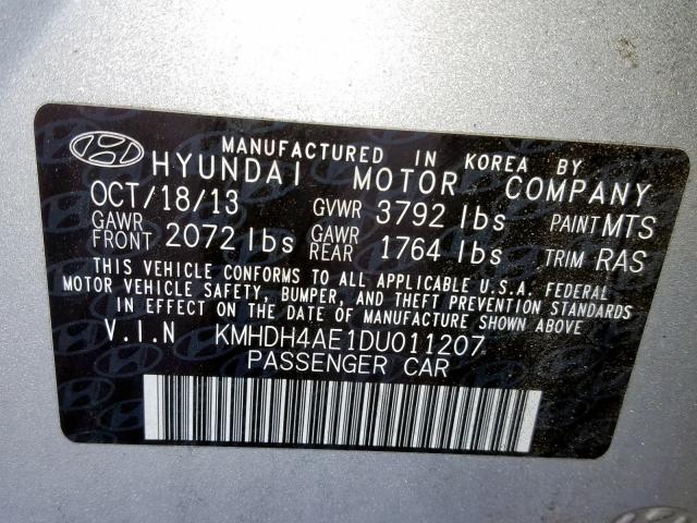 KMHDH4AE1DU011207 - 2013 HYUNDAI ELANTRA GL SILVER photo 10