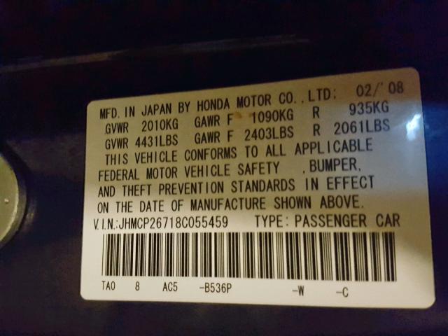 JHMCP26718C055459 - 2008 HONDA ACCORD EX BLUE photo 10