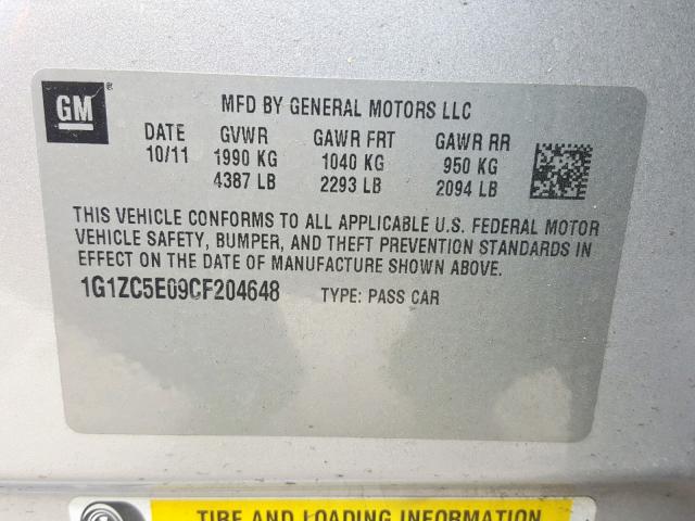 1G1ZC5E09CF204648 - 2012 CHEVROLET MALIBU 1LT 银色 照片 10