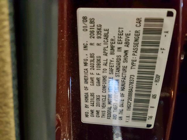 1HGCP26888A078373 - 2008 HONDA ACCORD EXL MAROON photo 10