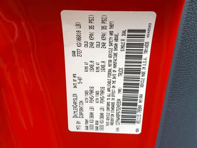 1D7HW48P67S245934 - 2007 DODGE DAKOTA QUA RED photo 10