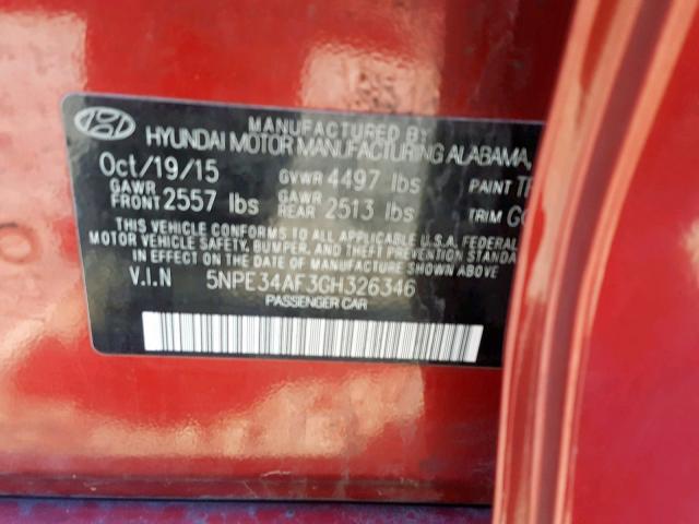 5NPE34AF3GH326346 - 2016 HYUNDAI SONATA SPO RED photo 10