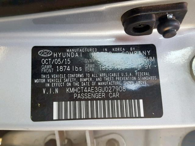 KMHCT4AE3GU027908 - 2016 HYUNDAI ACCENT SE SILVER photo 10