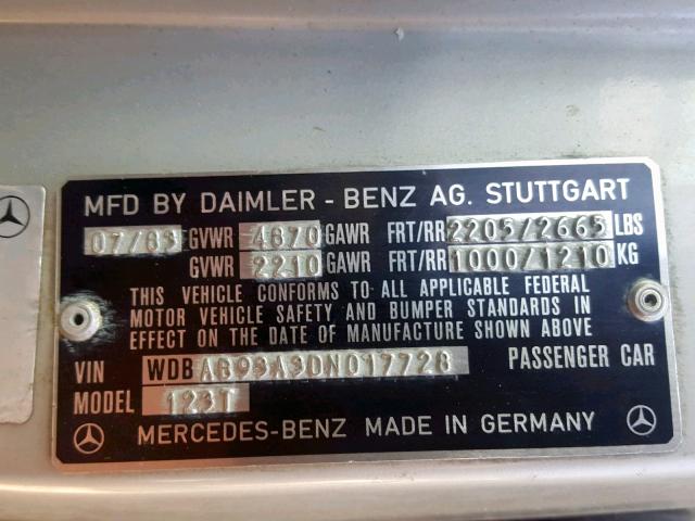 WDBAB93A3DN017728 - 1983 MERCEDES-BENZ 300 TDT SILVER photo 10