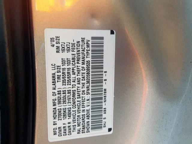 5FNRL38205B089535 - 2005 HONDA ODYSSEY LX SILVER photo 10