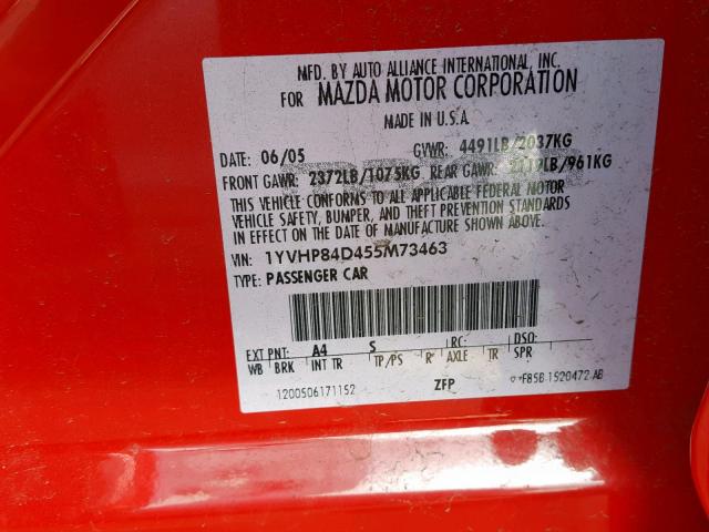 1YVHP84D455M73463 - 2005 MAZDA 6 S RED photo 10