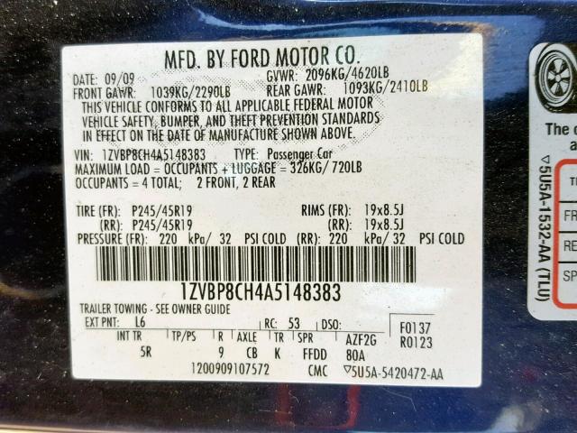 1ZVBP8CH4A5148383 - 2010 FORD MUSTANG GT BLUE photo 10